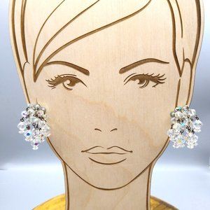 Vintage AB Crystal Beads ChaCha Earrings, Clip Ons with Clear Faceted Aurora